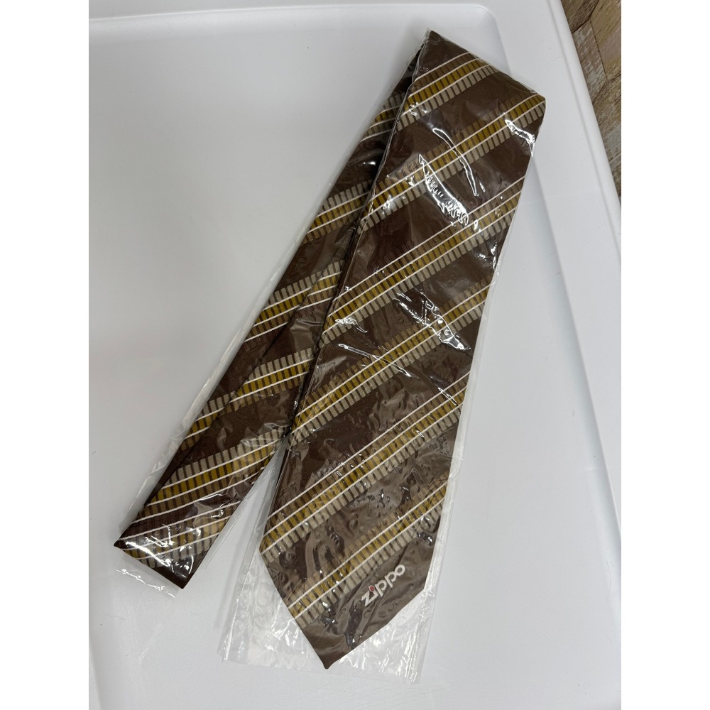 Zippo Mens Striped Necktie Brown Yellow White Polyester‎ Vintage